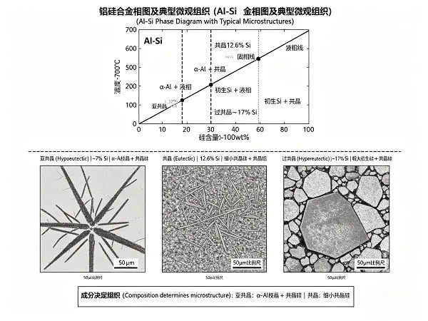Al-Si phase diagram with microstructures of hypoeutectic, eutectic, and hypereutectic alloys