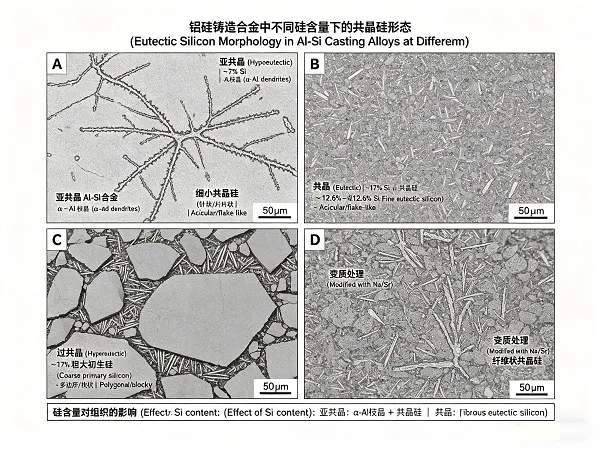 Microstructure of aluminum-silicon casting alloys showing eutectic silicon morphology at different silicon contents