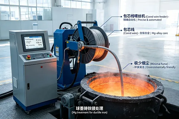 Cored wire injection system for magnesium treatment of ductile iron
