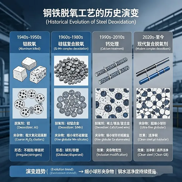 Historical evolution of steel deoxidation from aluminum killed to modern complex deoxidizers