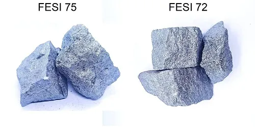 Comparison of FeSi75 and FeSi72 ferro silicon lumps showing size and appearance