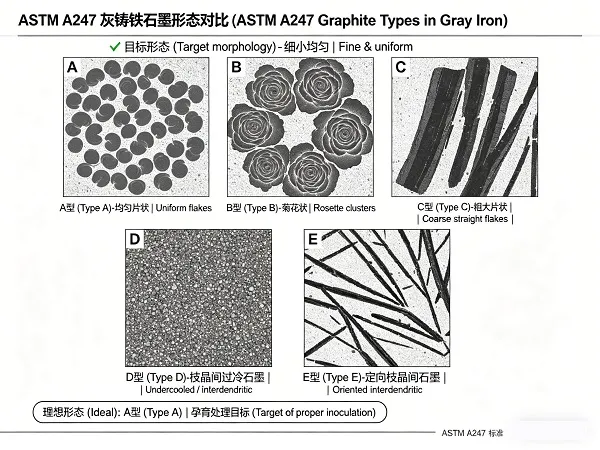 Micrograph comparison of ASTM graphite types A through E in cast iron