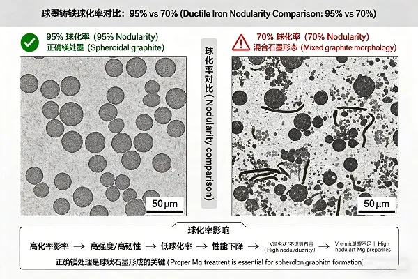 Micrograph comparison of 95% nodularity vs 70% nodularity in ductile iron