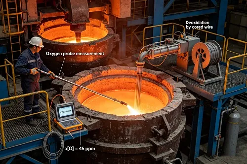 Ladle metallurgy furnace oxygen measurement and deoxidation practice
