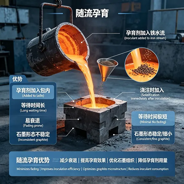Stream inoculation during mold filling showing inoculant addition to molten iron stream