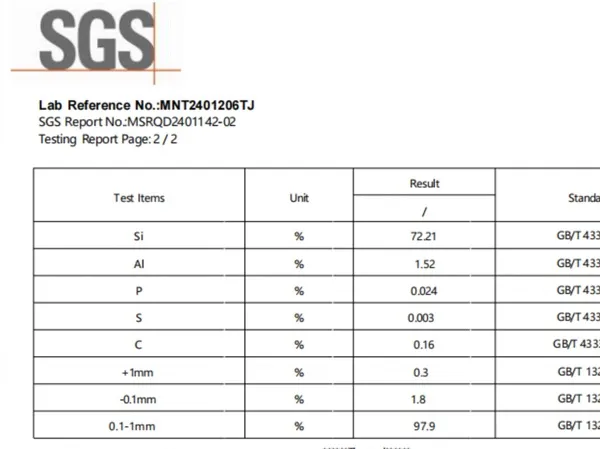 SGS certificate FeSi particle