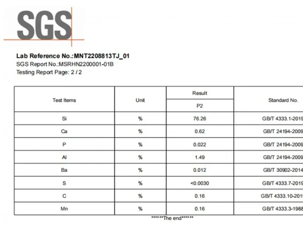 SGS certificate 76.26% Si