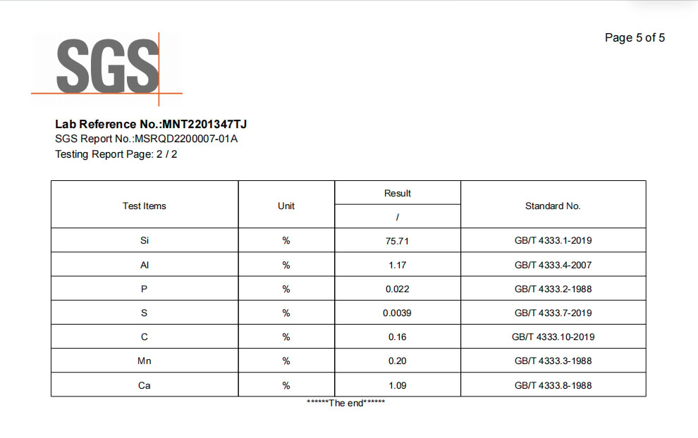 Real SGS chemistry analysis report of ferrosilicon 75% showing Si, Al, P, S values