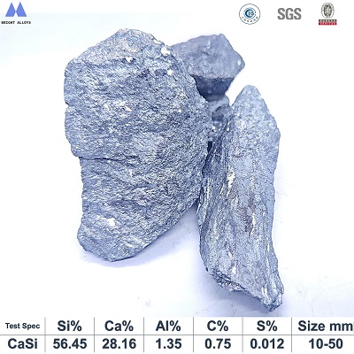 Calcium silicon Si55% Ca28% 10-50mm lump appearance showing metallic luster, silver-gray color, typical irregular lump shape, with chemical composition specifications table below
