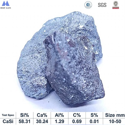 Calcium silicon Si58% Ca30% 10-50mm lump appearance showing metallic luster, silver-gray color, typical irregular lump shape, with chemical composition specifications table below