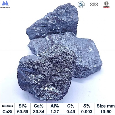 Calcium silicon Si60% Ca30% 10-50mm lump appearance showing metallic luster, silver-gray color, typical irregular lump shape, with chemical composition specifications table below