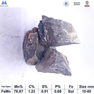 Close up appearance of mid carbon ferro manganese 78% lump showing surface texture and shape