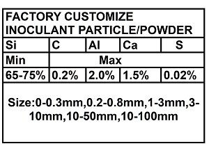 Custom FeSi inoculant powder and particles:Si 65-75%,Ca 1.5% max, sizes 0-0.3mm to 3-8mm for gray iron