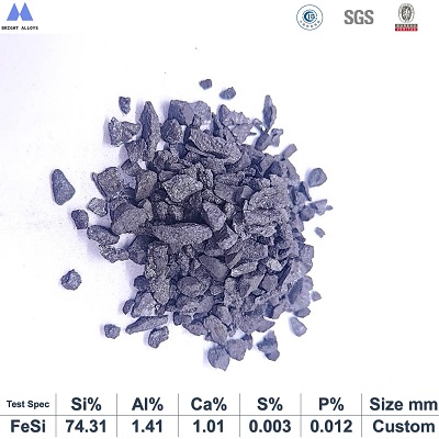 ferro silicon inoculant with silicon content 74% particle appearance showing fine particle texture, dark gray color and metallic sheen with specifications below