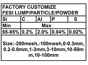 table showing customize ferrosilicon with chemical composition si 65-85%,C 0.2%max,various sizes from powder to lump