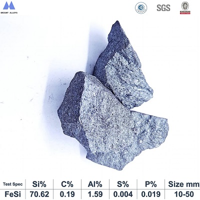 Ferro silicon 65% lump showing metallic luster, surface texture, typical 10-60mm lump shape, with specifications table below