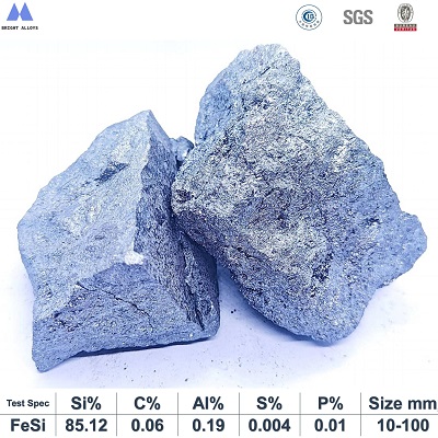 Ferro silicon 85% lump appearance with metallic luster,surface texture,typical lump shape and specifications table below