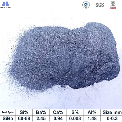 ferro silicon barium mold powder with barium content 2-3% size 0-0.3mm particle appearance showing fine particle texture,dark gray color and metallic sheen with specifications below