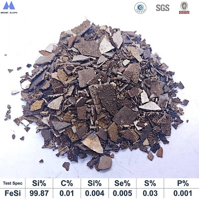 Manganese metal flake 99.7% appearance with metallic sheen, typical flake shape and irregular edges, with chemical composition specifications table below, angle 1