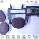 Silicon briquette 65% diameter measurement with ruler showing width dimension, typical pillow-shaped briquette, with chemical composition specifications table below