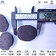 Silicon briquette 75% diameter measurement with ruler showing width dimension, typical pillow-shaped briquette, with chemical composition specifications table below