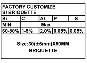 Custom SiC briquette 30x50mm, Silicon 60-80%,C 1-5%, low phosphorus and sulfur, dark gray briquette