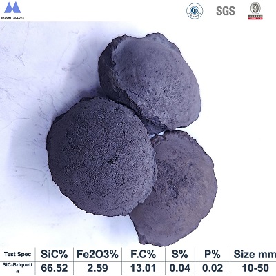 Silicon carbide briquette 65% appearance showing typical pillow-shaped briquette, dark gray color, smooth surface texture,with chemical composition specifications table below