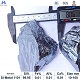 Silicon metal grade 1101 lump size test with ruler showing size range verification, irregular lump surface detail, with chemical composition specifications table below, angle 2