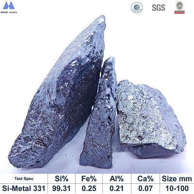 Silicon metal 331 lump appearance showing metallic luster, silver-gray color, typical irregular lump shape,with chemical composition specifications table below