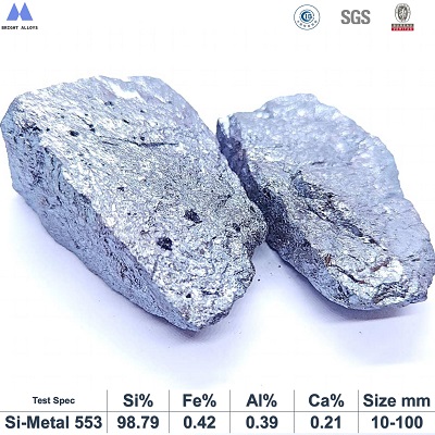 Silicon metal 553 lump appearance showing metallic luster, silver-gray color, typical irregular lump shape,with chemical composition specifications table below