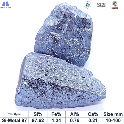 Silicon metal 97% lump appearance showing metallic luster, silver-gray color, typical irregular lump shape,with chemical composition specifications table below