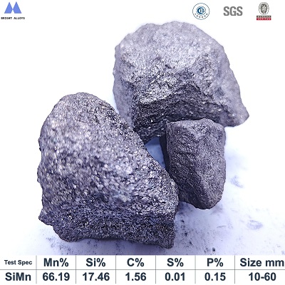 Silicon manganese 65/17 grade (SiMn 6517) lump appearance showing metallic luster, silver-gray color, typical irregular lump shape, with chemical composition specifications table below