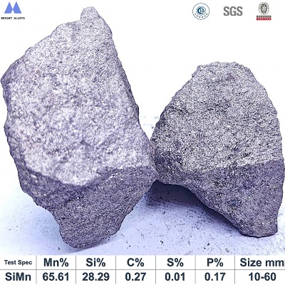 Silicon manganese 65/25 grade (SiMn 6525) lump appearance showing metallic luster, silver-gray color, typical irregular lump shape, with chemical composition specifications table below