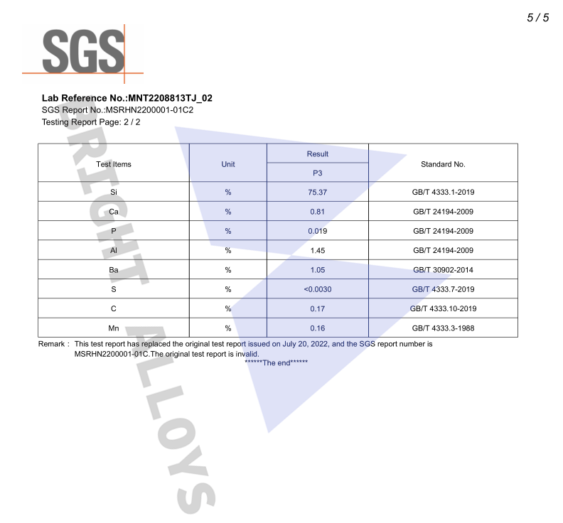 BRIGHT ALLOYS produced ferrosilicon lab report by third party inspection